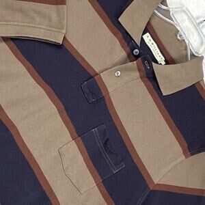 R.M. Williams Polo Shirt Mens L Brown Blue Red Striped Preppy Embroidered Golf